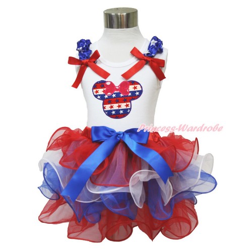American's Birthday White Tank Top With Patriotic American Star Ruffles & Red Bow & Red White Blue Striped Star Minnie Print With Royal Blue Bow Red White Blue Petal Pettiskirt MG1219